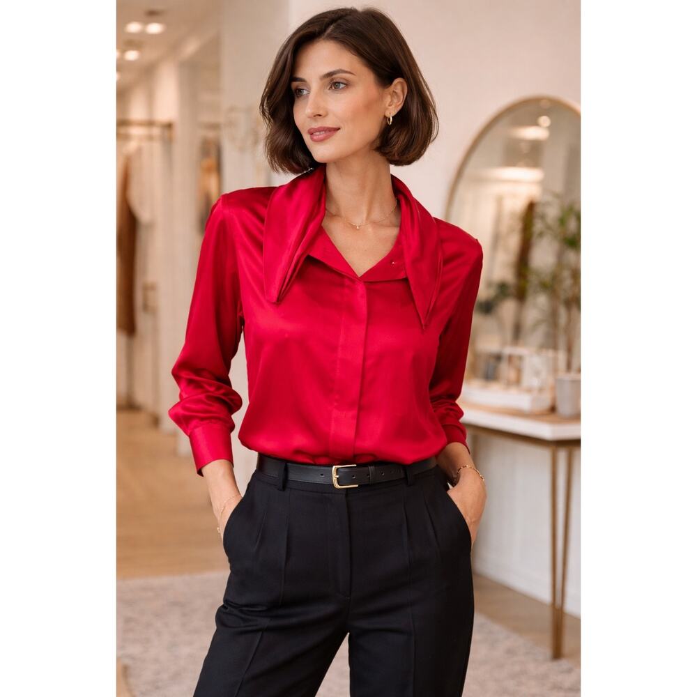 VINTAGE RED SILK BLOUSE WOMENS 12 SUSAN BRISTOL DRAPED COLLAR